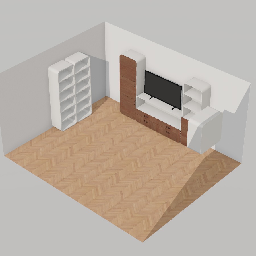 A whole room seen from above at an angle, laid out like a planner: a walnut and white storage wall with a TV, open shelving along the side wall and a unit hung on the wall